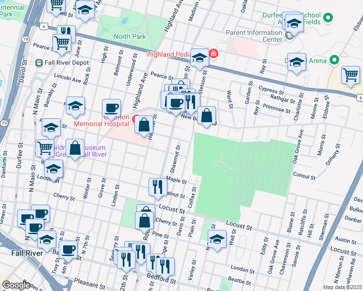 map of restaurants, bars, coffee shops, grocery stores, and more near 126 Summerfield Street in Fall River