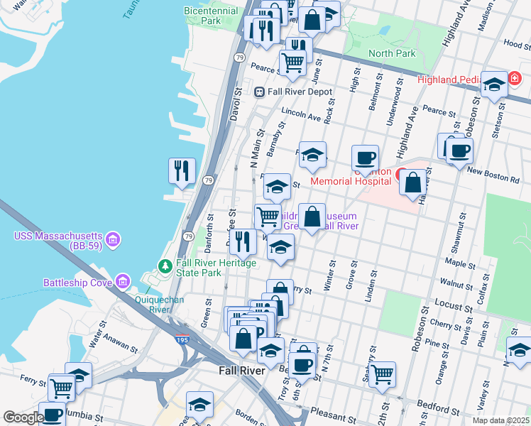map of restaurants, bars, coffee shops, grocery stores, and more near 507 North Main Street in Fall River