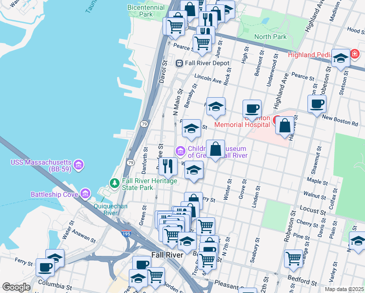 map of restaurants, bars, coffee shops, grocery stores, and more near 507 North Main Street in Fall River