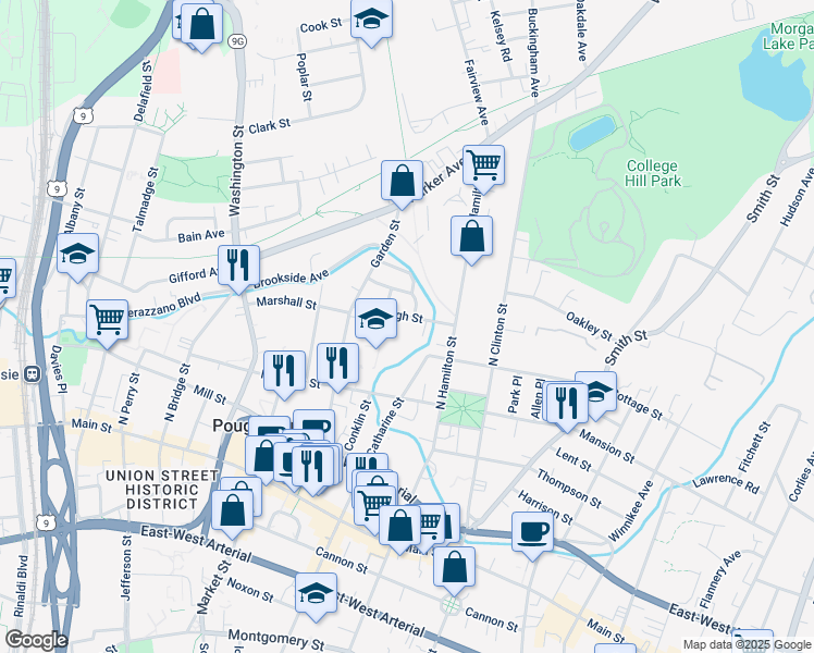 map of restaurants, bars, coffee shops, grocery stores, and more near 27 High Street in Poughkeepsie