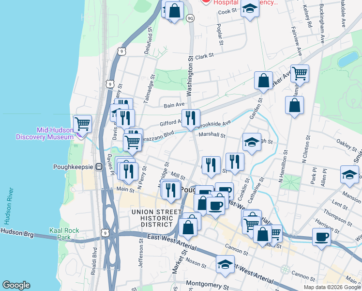 map of restaurants, bars, coffee shops, grocery stores, and more near 95 North Bridge Street in Poughkeepsie