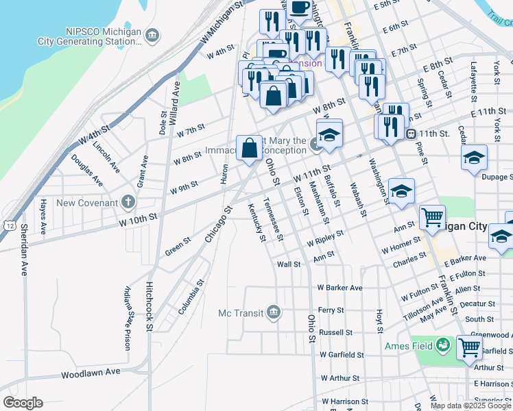 map of restaurants, bars, coffee shops, grocery stores, and more near 802 West 11th Street in Michigan City