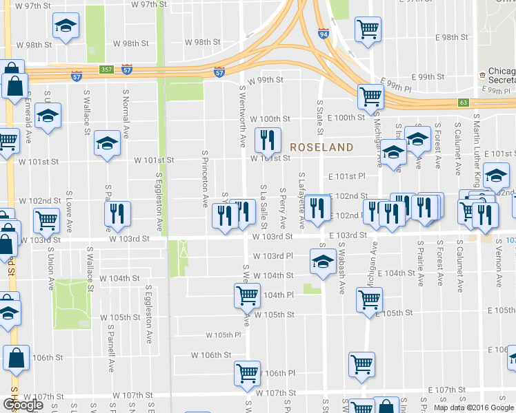 map of restaurants, bars, coffee shops, grocery stores, and more near 10201 South La Salle Street in Chicago
