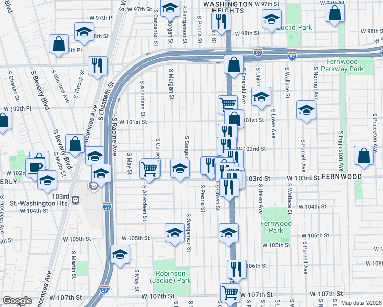 map of restaurants, bars, coffee shops, grocery stores, and more near 10152 South Sangamon Street in Chicago