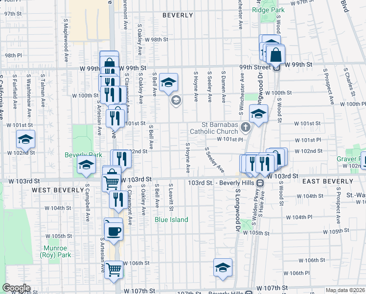 map of restaurants, bars, coffee shops, grocery stores, and more near 10137 South Hoyne Avenue in Chicago