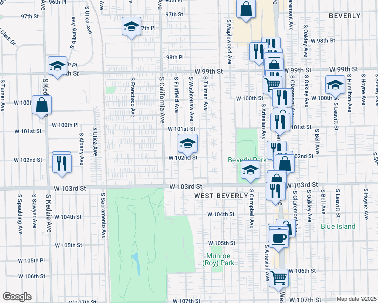 map of restaurants, bars, coffee shops, grocery stores, and more near 10129 South Fairfield Avenue in Chicago