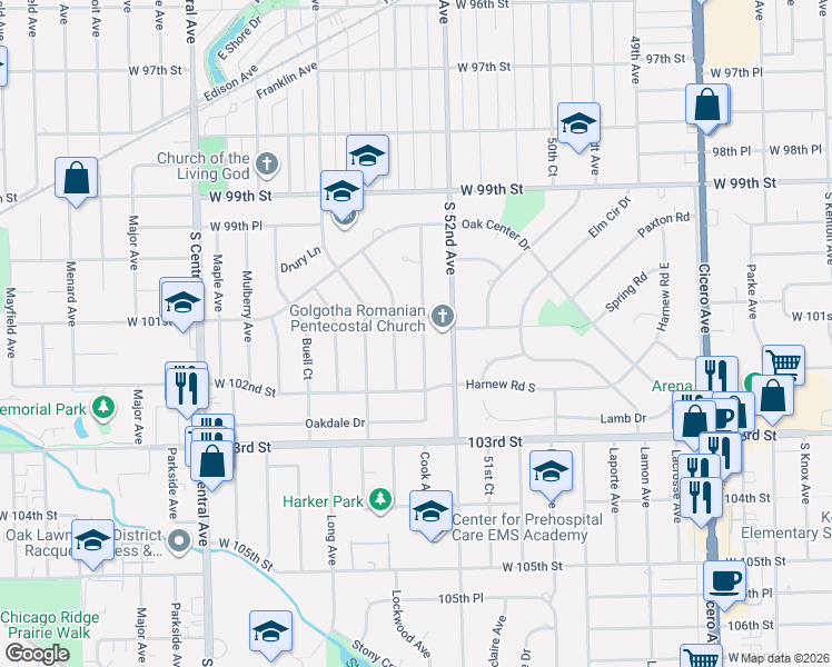 map of restaurants, bars, coffee shops, grocery stores, and more near 10100 Cook Avenue in Oak Lawn