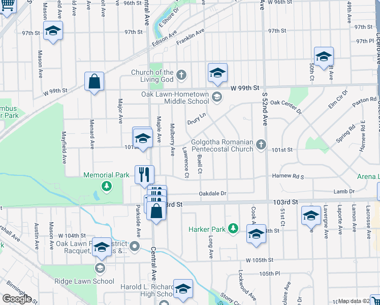 map of restaurants, bars, coffee shops, grocery stores, and more near 10107 Buell Court in Oak Lawn