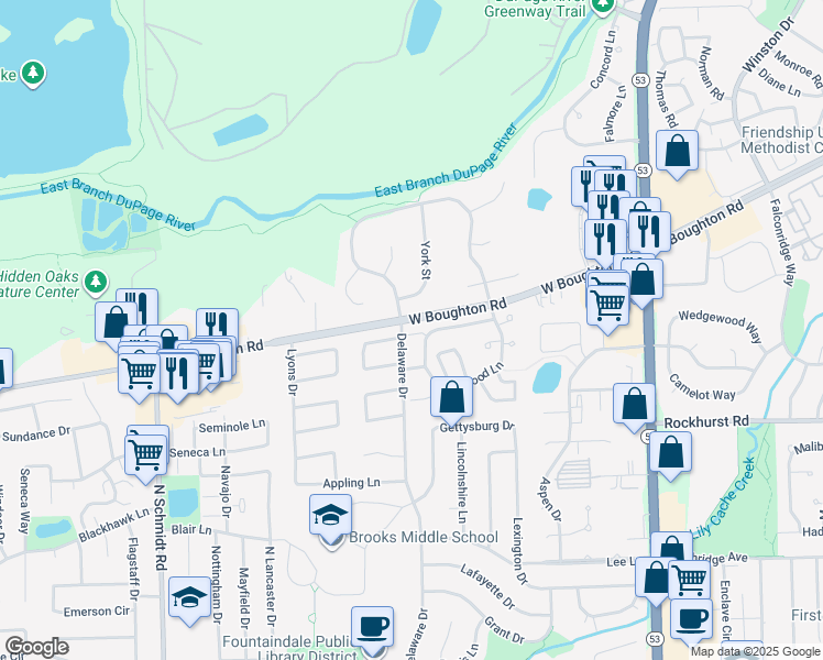 map of restaurants, bars, coffee shops, grocery stores, and more near 401 Delaware Circle in Bolingbrook