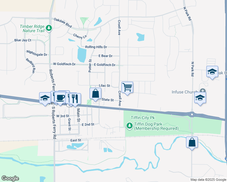 map of restaurants, bars, coffee shops, grocery stores, and more near 591 North Croell Avenue in Tiffin