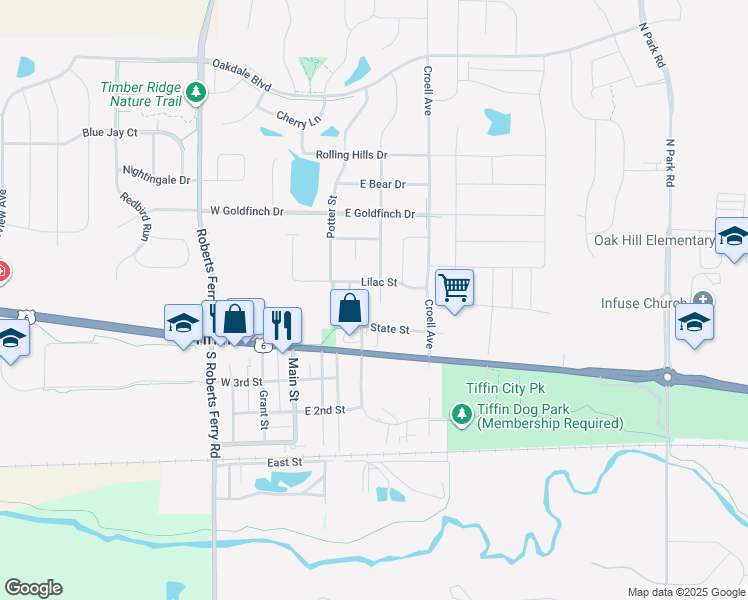 map of restaurants, bars, coffee shops, grocery stores, and more near 502 Iris Avenue in Tiffin
