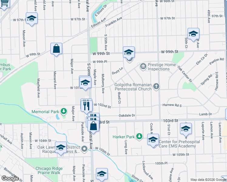 map of restaurants, bars, coffee shops, grocery stores, and more near 10107 Buell Court in Oak Lawn