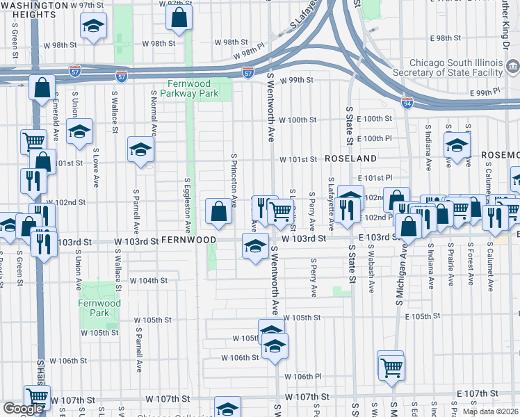map of restaurants, bars, coffee shops, grocery stores, and more near 10156 South Wentworth Avenue in Chicago