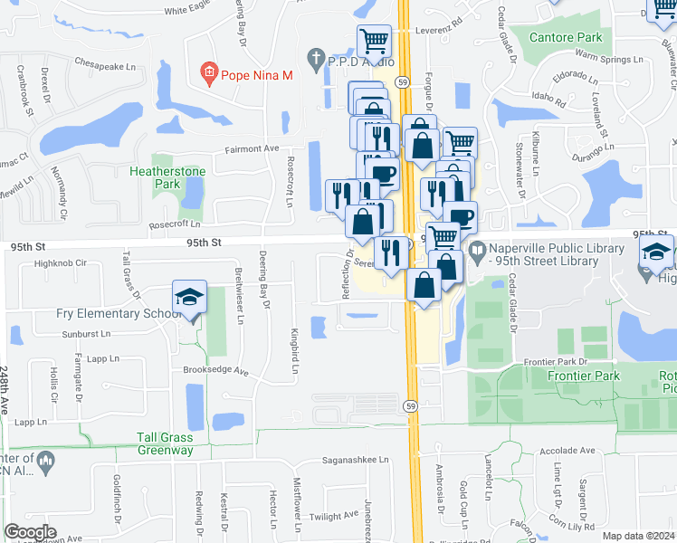 map of restaurants, bars, coffee shops, grocery stores, and more near 3111 Reflection Drive in Naperville