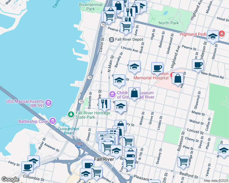 map of restaurants, bars, coffee shops, grocery stores, and more near 507 North Main Street in Fall River
