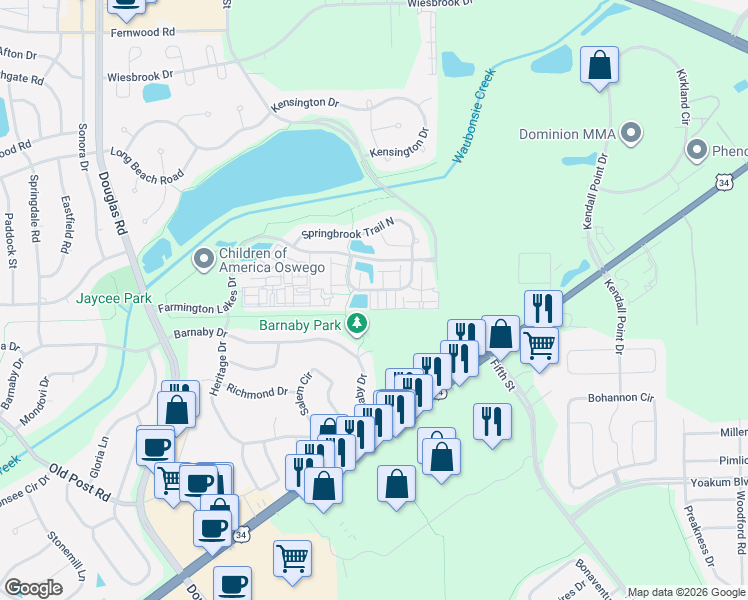 map of restaurants, bars, coffee shops, grocery stores, and more near 207 Springbrook Trail South in Oswego