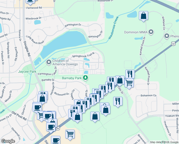map of restaurants, bars, coffee shops, grocery stores, and more near 192 Springbrook Trail South in Oswego