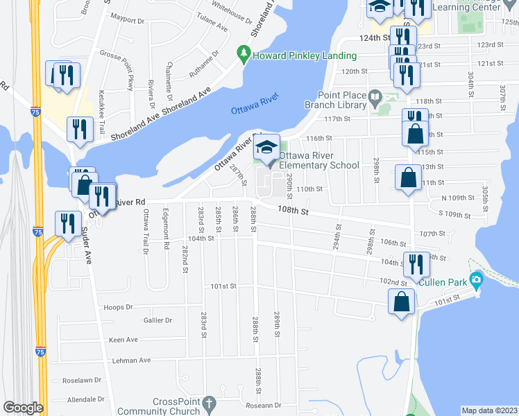 map of restaurants, bars, coffee shops, grocery stores, and more near 4652 288th Street in Toledo