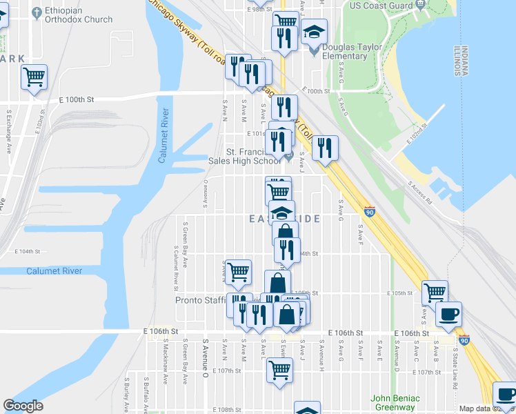 map of restaurants, bars, coffee shops, grocery stores, and more near 10250 South Avenue L in Chicago