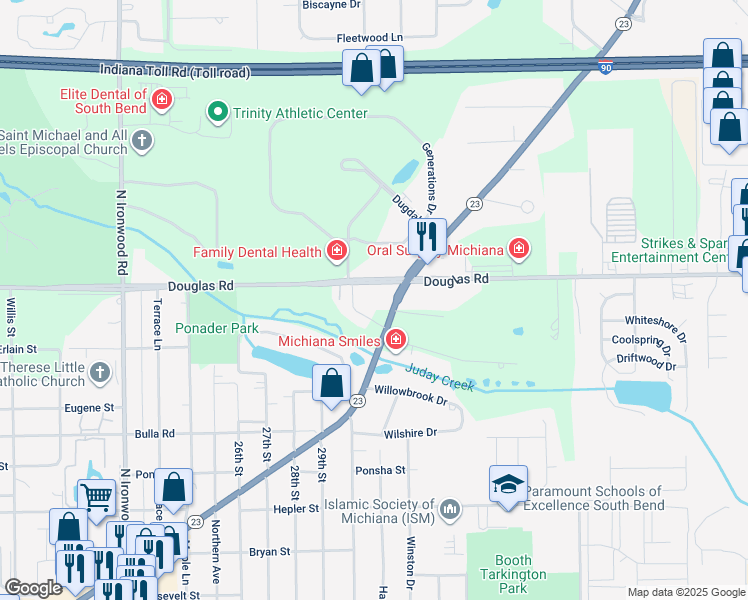 map of restaurants, bars, coffee shops, grocery stores, and more near 17441 Indiana 23 in South Bend
