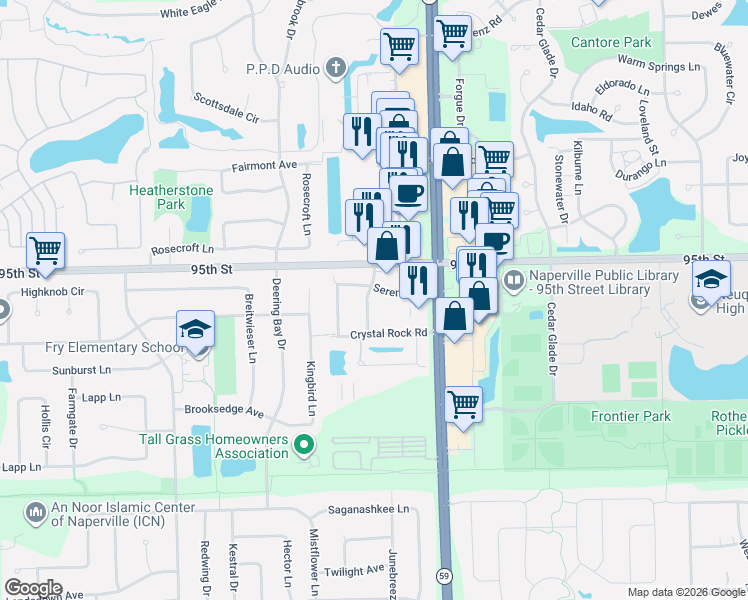 map of restaurants, bars, coffee shops, grocery stores, and more near 3006 Serenity Lane in Naperville