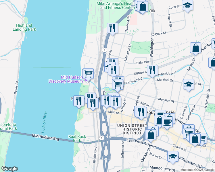 map of restaurants, bars, coffee shops, grocery stores, and more near 110 Mill Street in Poughkeepsie