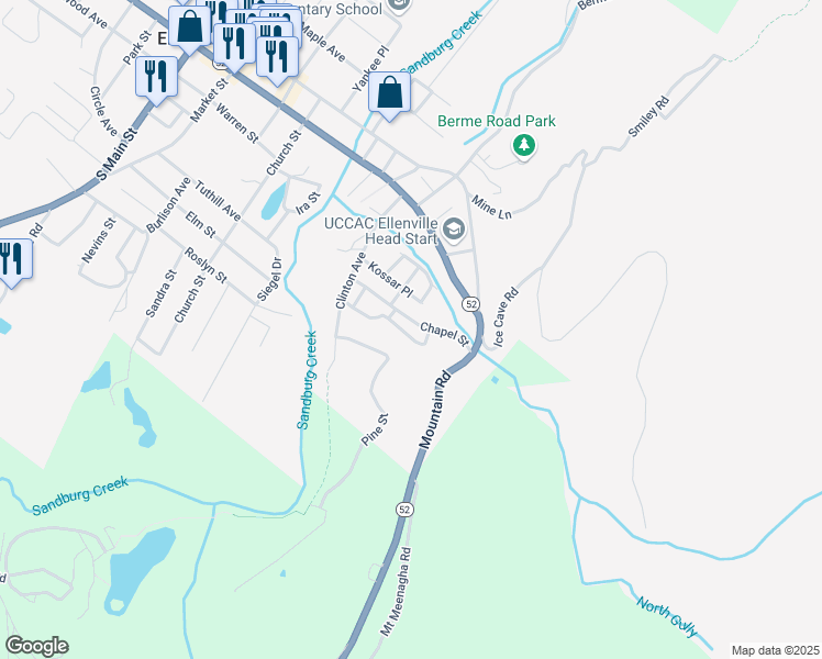 map of restaurants, bars, coffee shops, grocery stores, and more near 25 Rear Chapel Street in Ellenville