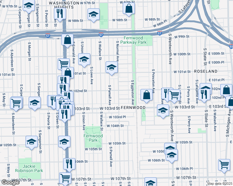 map of restaurants, bars, coffee shops, grocery stores, and more near 10204 South Normal Avenue in Chicago