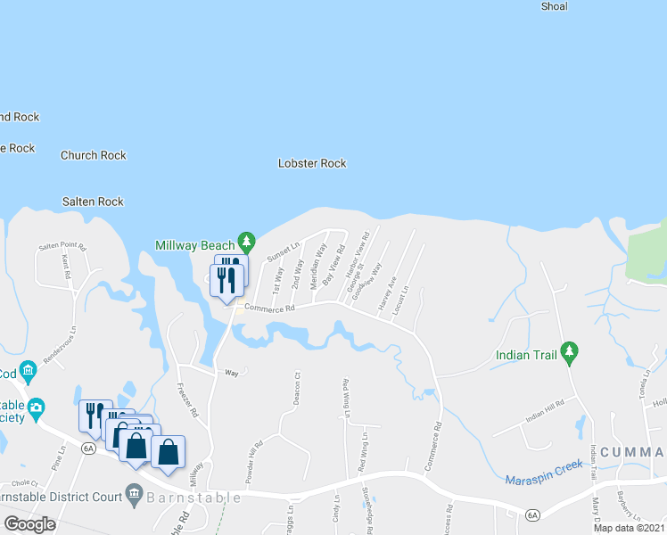 map of restaurants, bars, coffee shops, grocery stores, and more near 53 Bay View Road in Barnstable