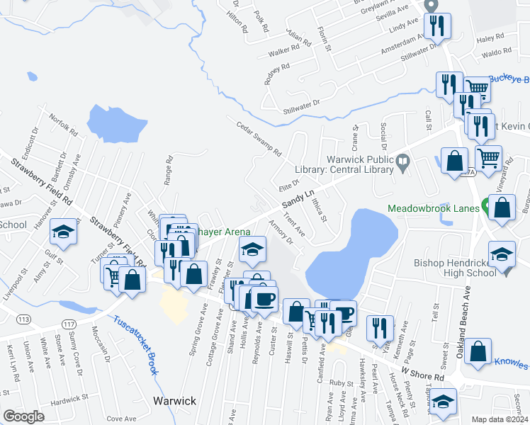 map of restaurants, bars, coffee shops, grocery stores, and more near 2 Armory Drive in Warwick
