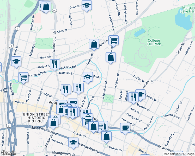 map of restaurants, bars, coffee shops, grocery stores, and more near 27 High Street in Poughkeepsie
