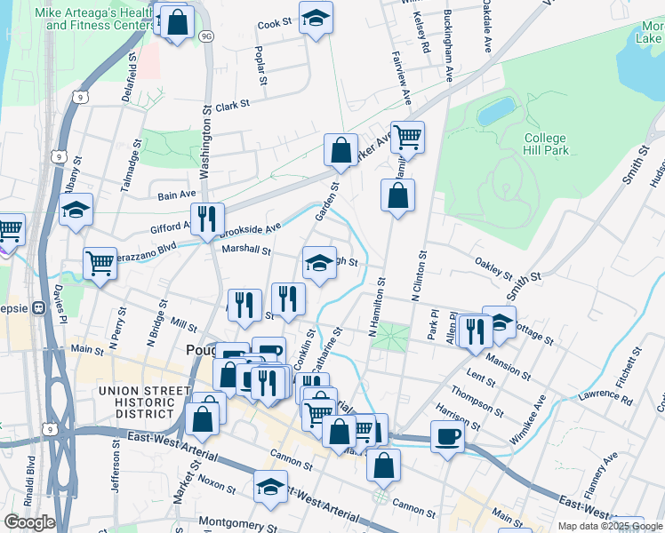 map of restaurants, bars, coffee shops, grocery stores, and more near 27 High Street in Poughkeepsie