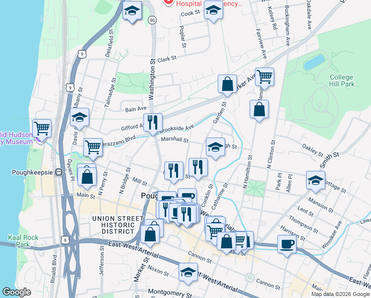 map of restaurants, bars, coffee shops, grocery stores, and more near 32 Balding Avenue in Poughkeepsie