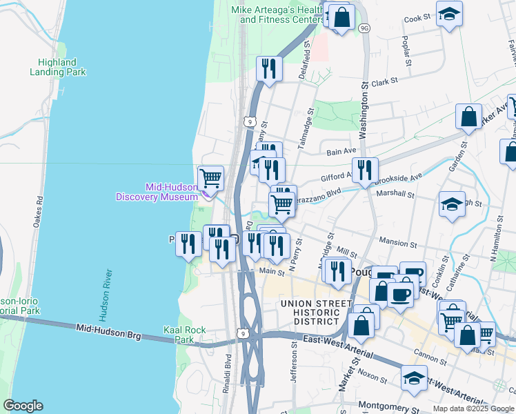 map of restaurants, bars, coffee shops, grocery stores, and more near 109 Mill Street in Poughkeepsie