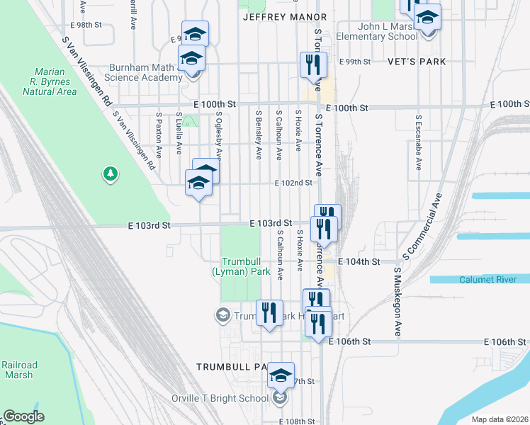 map of restaurants, bars, coffee shops, grocery stores, and more near 10226 South Calhoun Avenue in Chicago