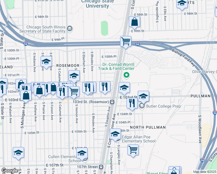map of restaurants, bars, coffee shops, grocery stores, and more near 637 East 102nd Street in Chicago