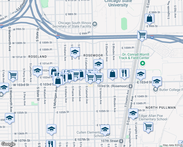 map of restaurants, bars, coffee shops, grocery stores, and more near 10205 South King Drive in Chicago