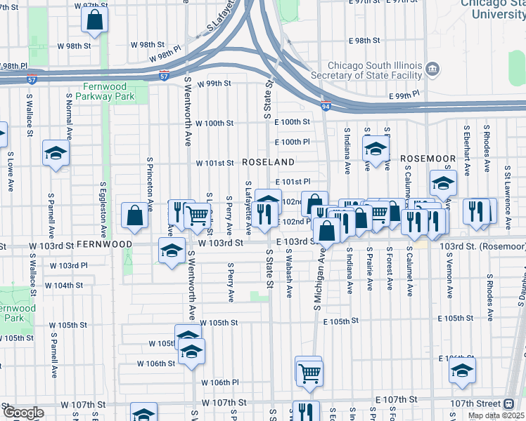 map of restaurants, bars, coffee shops, grocery stores, and more near 10156 South State Street in Chicago