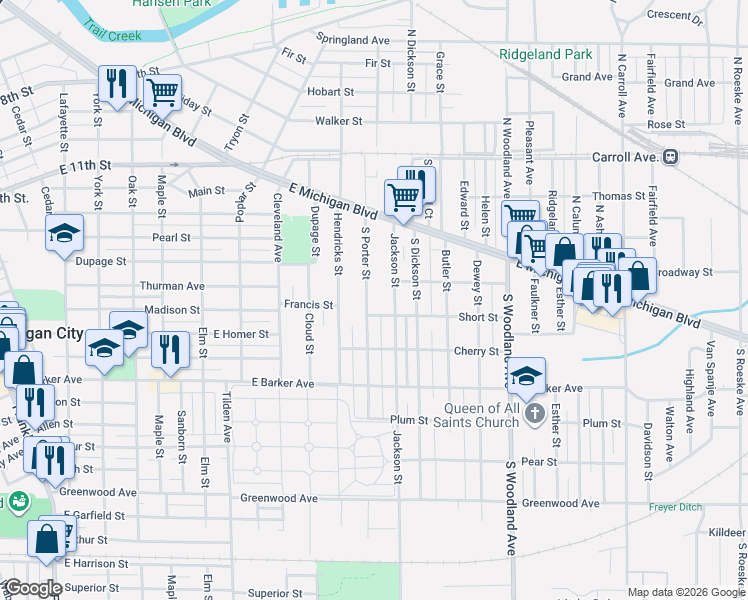 map of restaurants, bars, coffee shops, grocery stores, and more near 217 Jackson Street in Michigan City