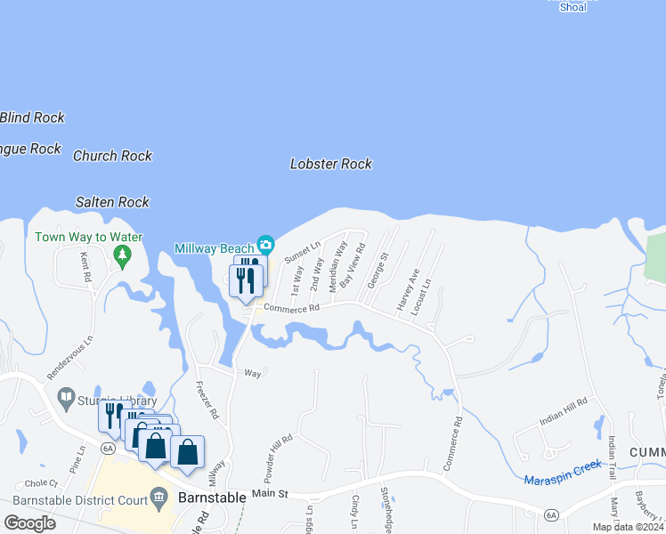 map of restaurants, bars, coffee shops, grocery stores, and more near 55 Meridan Way in Barnstable