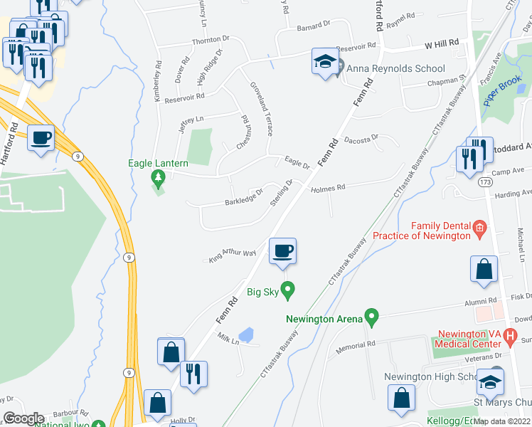 map of restaurants, bars, coffee shops, grocery stores, and more near Sterling Drive in Newington