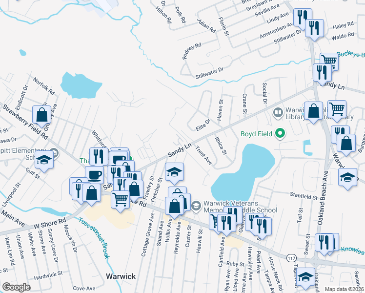map of restaurants, bars, coffee shops, grocery stores, and more near 2 Armory Drive in Warwick