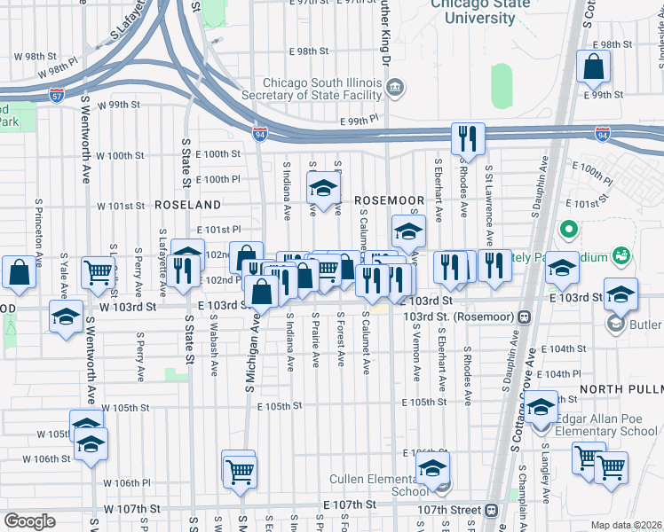 map of restaurants, bars, coffee shops, grocery stores, and more near 10200 South Forest Avenue in Chicago