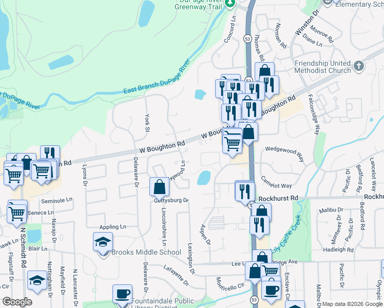 map of restaurants, bars, coffee shops, grocery stores, and more near 210 Granada Court in Bolingbrook