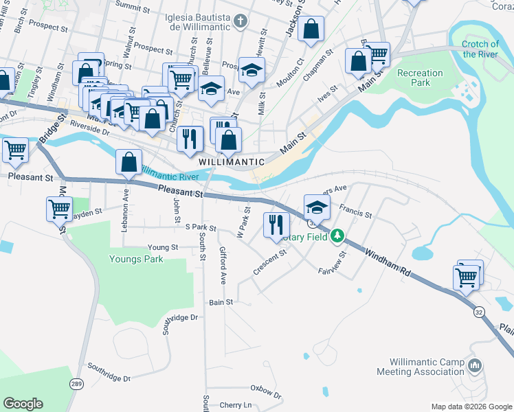 map of restaurants, bars, coffee shops, grocery stores, and more near 36 Pleasant Street in Windham