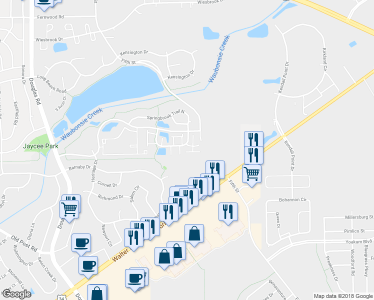 map of restaurants, bars, coffee shops, grocery stores, and more near 273 Springbrook Trail South in Oswego