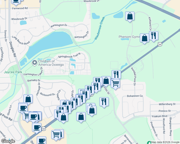 map of restaurants, bars, coffee shops, grocery stores, and more near 343 Springbrook Trail South in Oswego
