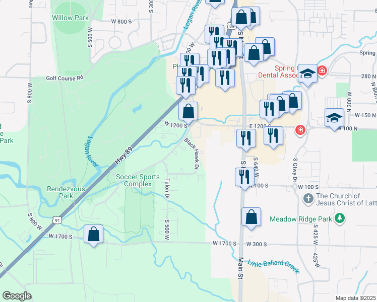map of restaurants, bars, coffee shops, grocery stores, and more near 130 Legrand in Logan