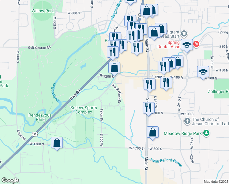 map of restaurants, bars, coffee shops, grocery stores, and more near 130 Legrand in Logan