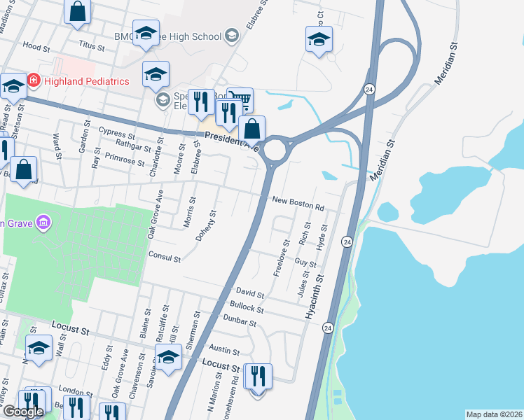 map of restaurants, bars, coffee shops, grocery stores, and more near 891 North Eastern Avenue in Fall River